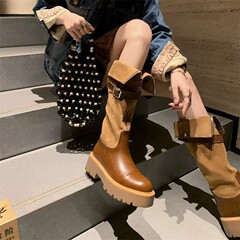 复古两穿雪地靴女2025秋冬新款粗跟加绒过膝长筒靴绒面高筒骑士靴