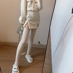 Winter and Autumn Thicker White Over-the-Knee Socks with Warm Wool, Japanese Style Insulated Knee-High Socks in Beige for Women