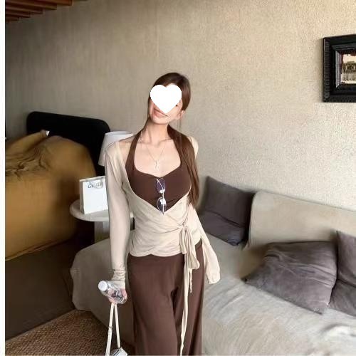 韩系辣妹秋季新款挂脖吊带长袖交叉上衣休闲裤绑带开衫套装三件套|undefined