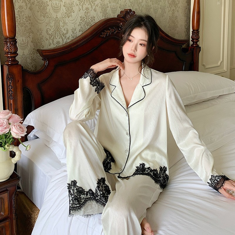 法式新款春季长袖长裤色丁睡衣女士甜美高贵开衫可外穿家居服套装|undefined