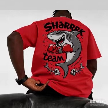 Summer 2026 Men's Lightweight Shark Print Short-Sleeved T-Shirt, Large Size, Retro Style, Sportswear T-Shirt