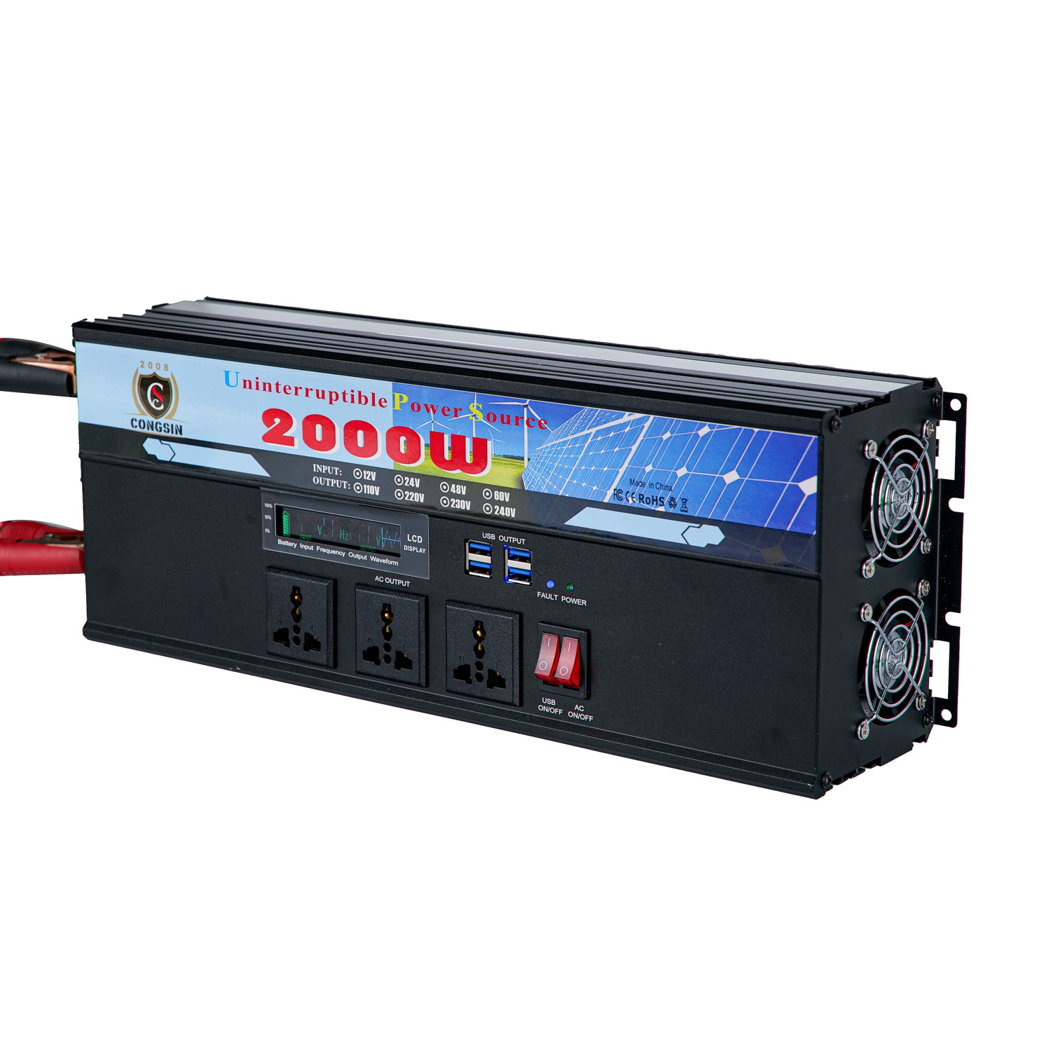 工厂直销2000W修正波逆变器带UPS和充电功能3插座4USB LED显示屏