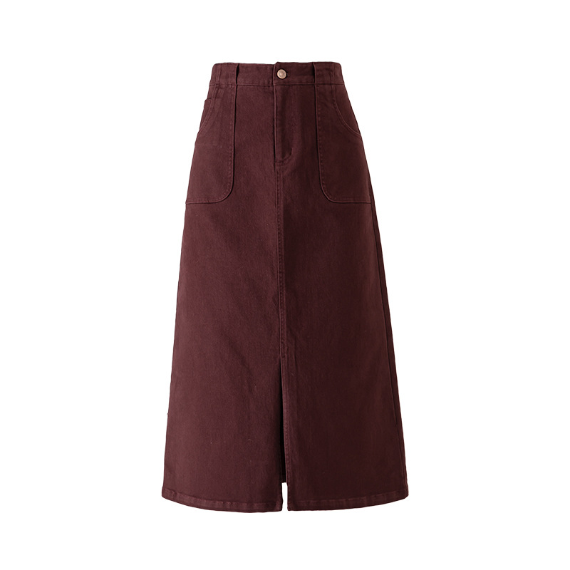 Váy denim đỏ nữ dài trung bình, cạp cao, xẻ tà, dáng thẳng — Màu đỏ Angora
