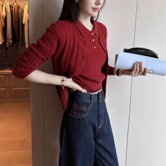 PINKEEN红色麻花针织开衫女秋季2025新款复古百搭打底短袖两件套