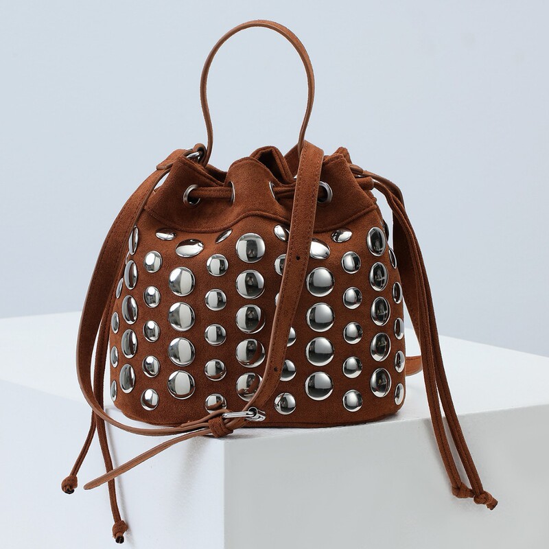 Cross-Border Autumn and Winter New Rivet Gold Shoulder Bag Retro Bucket Shoulder Bag Hobo Bag Women's Handbag