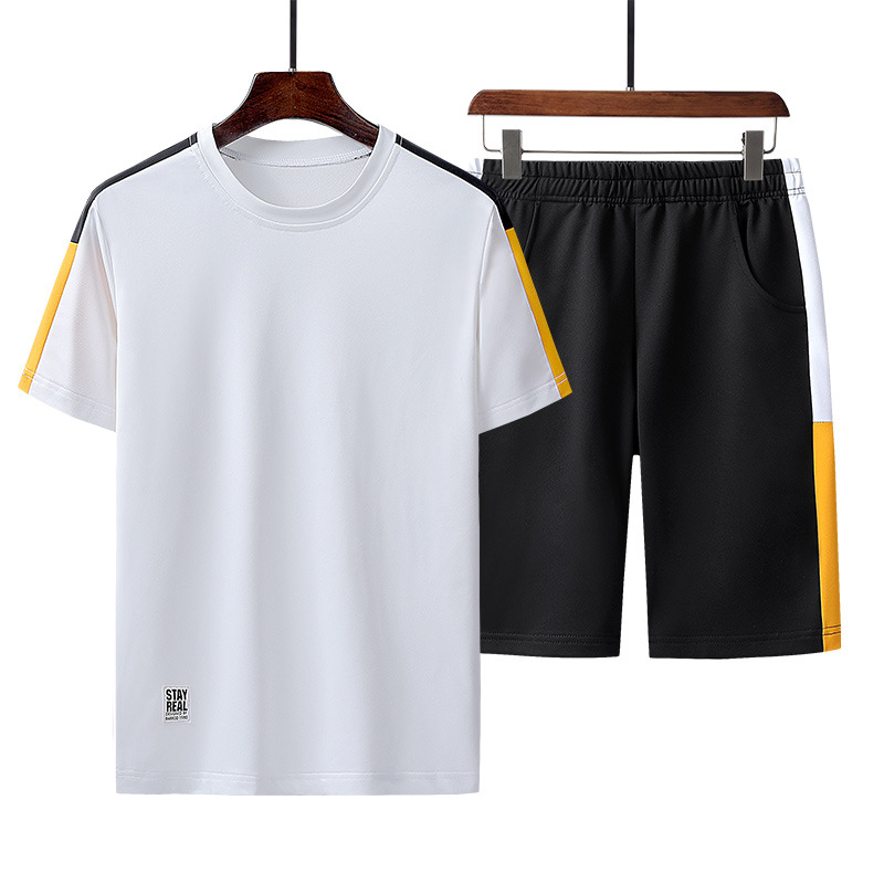 Traje de verano de dos piezas de los hombres ropa deportiva casual micro elástico ropa de correr de color cuello redondo manga corta Camiseta + Pantalones recortados color sólido
