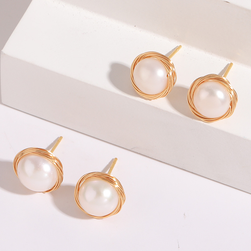 Simple Style Round Copper Gold Plated Pearl Ear Studs 1 Pair