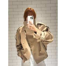 斜立领双排扣下摆收褶美拉德高级感短款风衣女2025秋季新款夹克潮