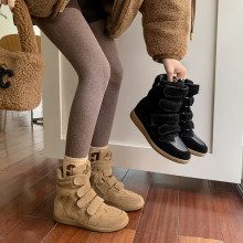 小红书爆款牛翻皮内增gao高帮女鞋 坡跟休闲魔术贴运动短靴马丁靴