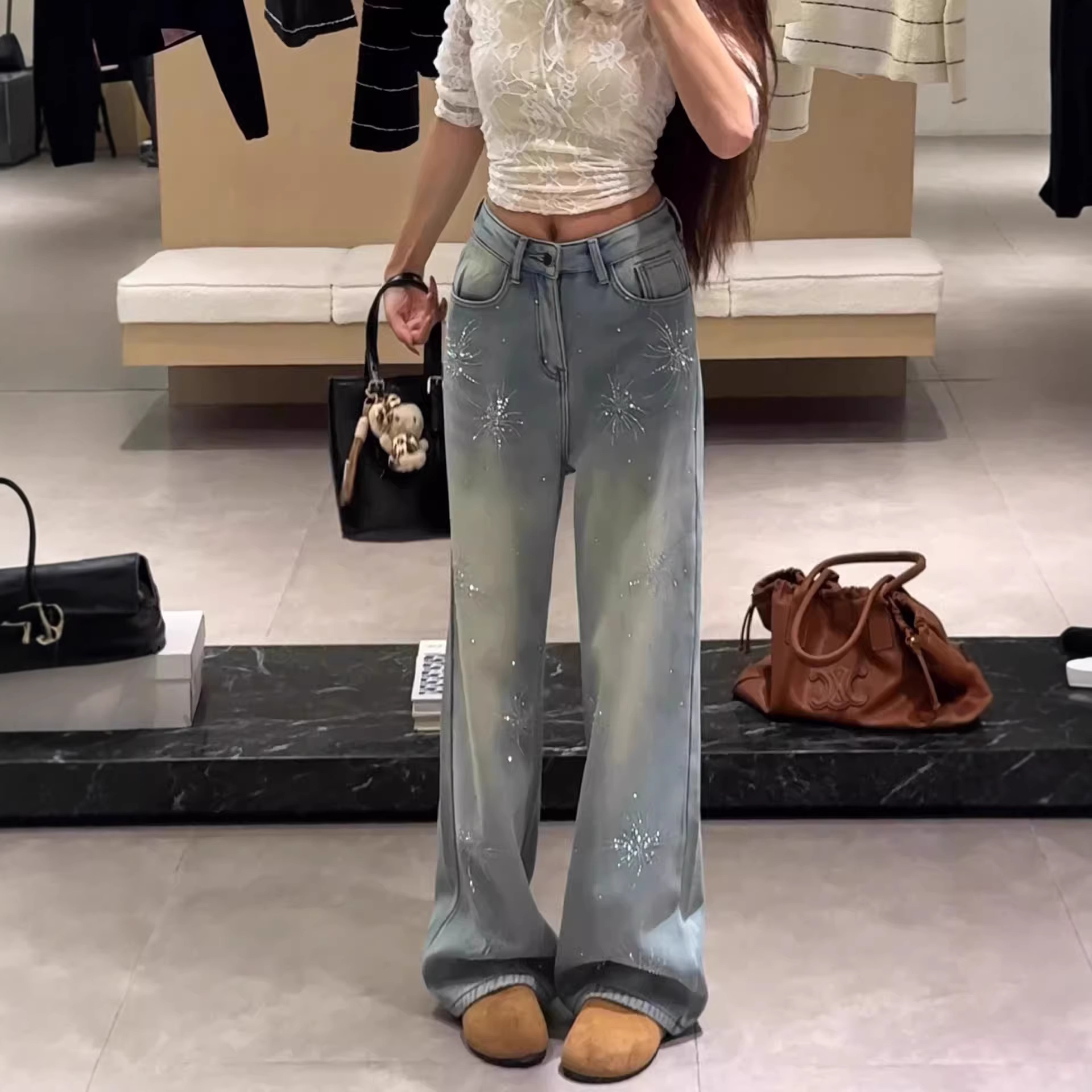 Women's Light Blue Flared Jeans With Firework Rhinestone Details – Fleece-Lined Winter Pants, High-Waisted Straight-Leg Denim For A Slimming Look_voghion.com