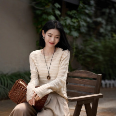 大码女装圆领镂空针织防嗮罩衫长袖t恤秋季新款胖mm显瘦遮肉上衣