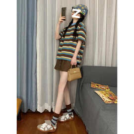 337#夏季新款休闲运动服套装女条纹时尚学生宽松短袖短裤两件套