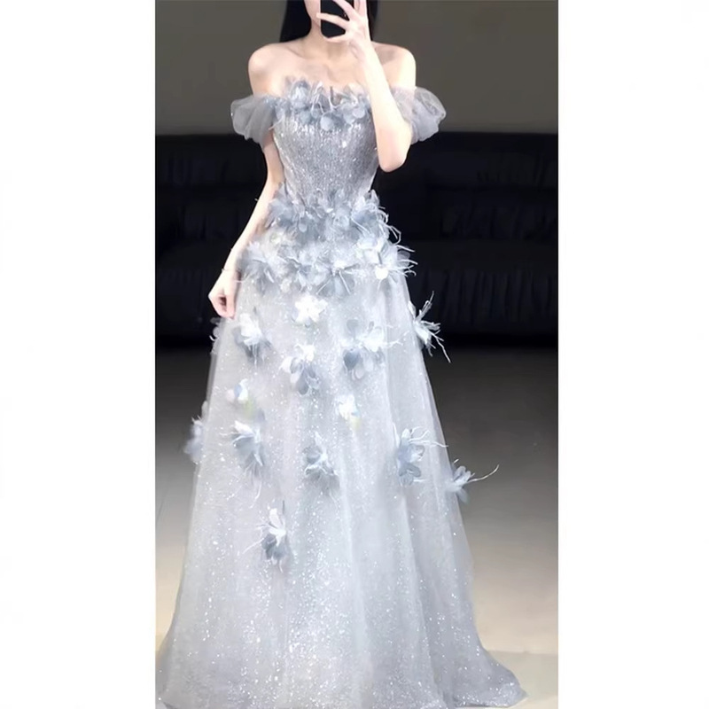 Blue One-Shoulder Evening Dress for Women, High-End Graduation Host Gown, Princess Coming-Of-Age Ceremony Robe, Female Bride's Toast Dress