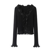 现货2025秋新款木耳边装饰蕾丝刺绣针织开衫上衣71501142