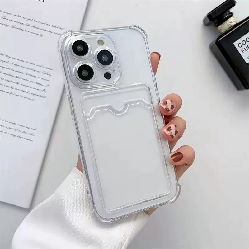 Чехол для iPhone 6–16 серий, прозрачный ТПУ с держателем карт, лёгкий
