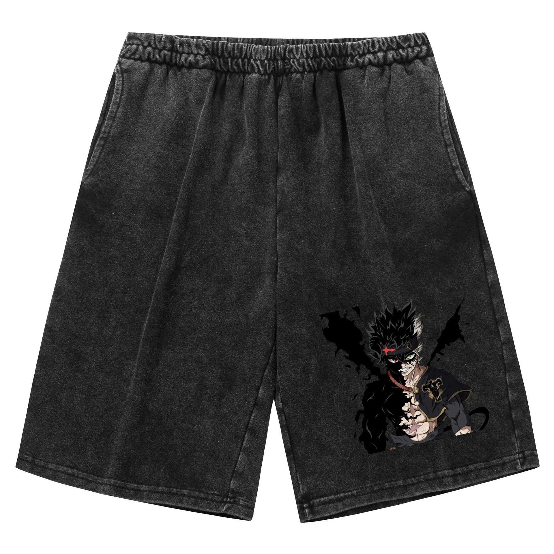 Pantalones cortos retro viejos lavados transfronterizos Trébol de cuatro hojas negro Black Clover venta caliente estampado casual deportes
