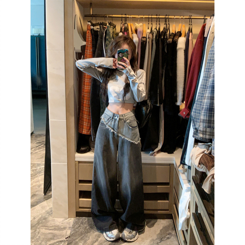 实拍大码美式渐变拼接撞色个性牛仔裤宽松直筒辣妹复古阔腿拖地裤|undefined