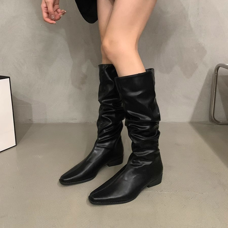 厚底ヒールプリーツロングチューブナイトブーツ婦人靴2025春秋新作ウエスタンスリムミッドカーフロングブーツ|undefined
