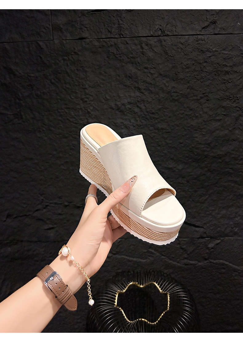 Sandal cao gót nữ mũi hở đế xuồng bọc cói phong cách La Mã — màu đen, màu trắng ngà chi tiết 19