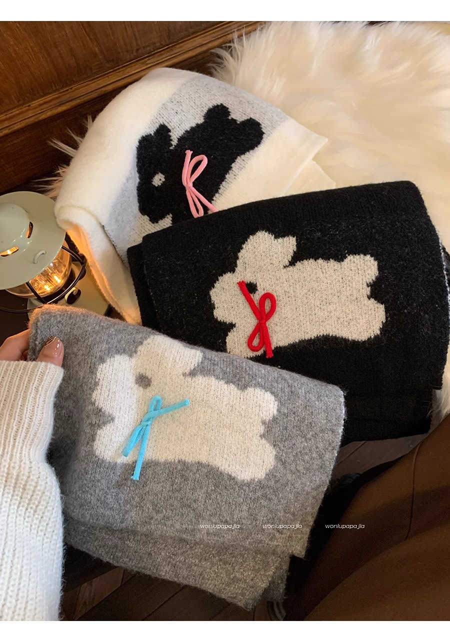 Winter 2024 New Warm Knitted Female Cute Rabbit Bow Leisure Outdoor Windproof and Cold resistant Scarf_voghion.com