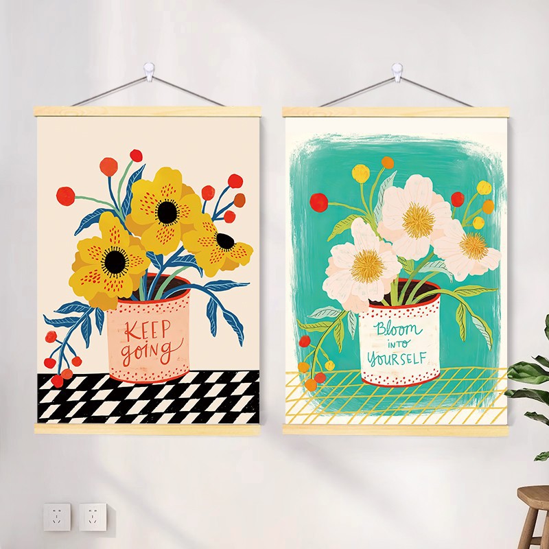 小清新手绘花卉客厅装饰画卧室房间艺术卷轴挂画电表箱遮挡壁贴画