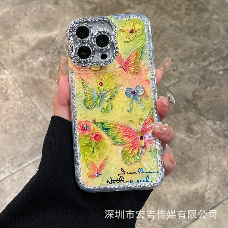 新款闪钻边框适用iPhone17ProMax手机壳油画16蓝光15全包14高级感|undefined