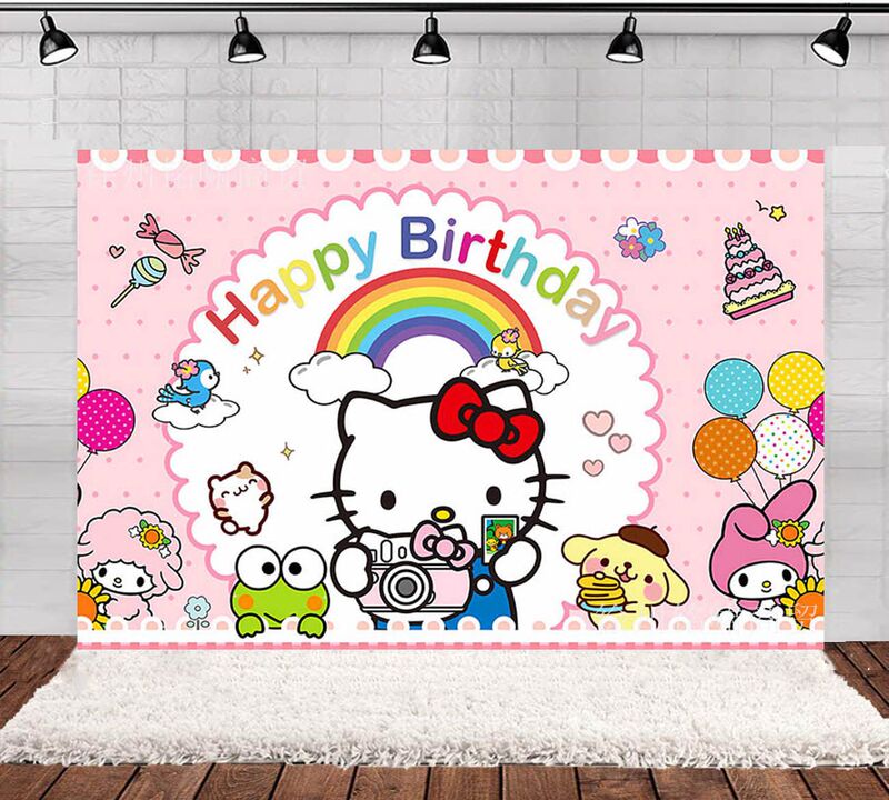 Hello Kitty theme girl birthday banner hanging cloth birthday background cloth photo props birthday party decoration supplies