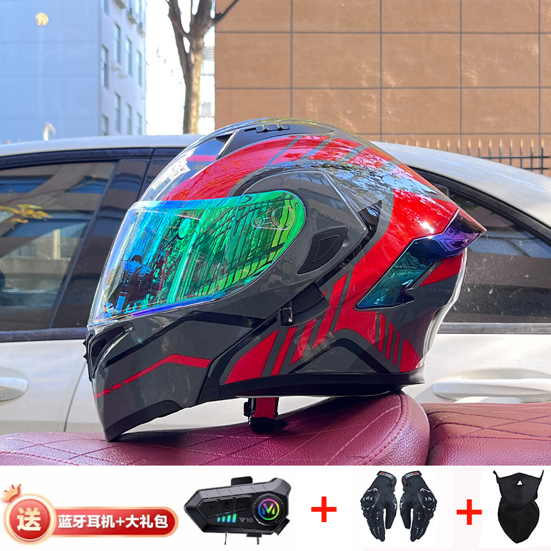 Casco de exposición Orz para hombres y mujeres invierno Doble espejo coche eléctrico semi-Casco completo cola de color coche deportivo ranura Bluetooth cuatro estaciones casco