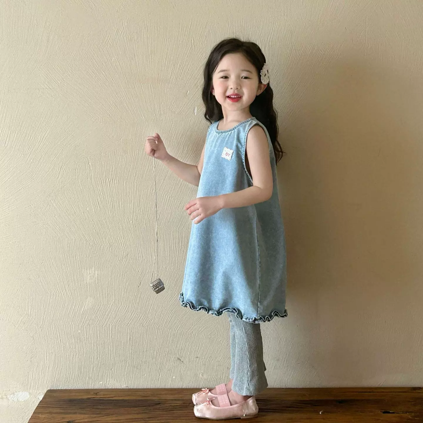 2025夏季新款童装 韩版童装 女童牛仔无袖背心裙 木耳边牛仔裙