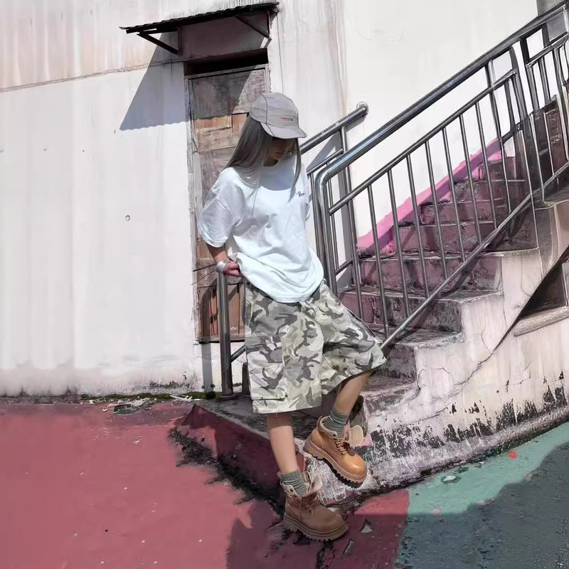 American Style Retro Camouflage Profile Organ Bag Overalls Women's Summer Loose Straight Street Casual Shorts Trendy