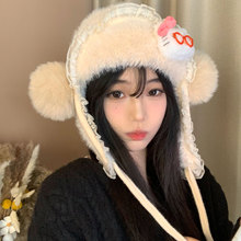甜美可爱猫咪毛球毛绒帽子女秋冬季保暖护耳雷锋帽系带防寒套头帽