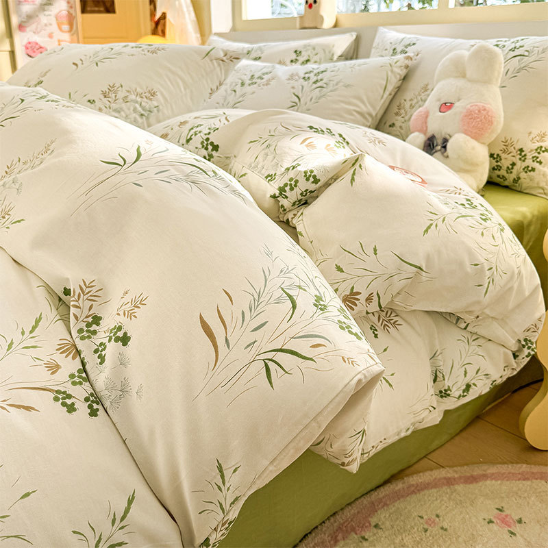 Juego de cuatro piezas de algodón fresco, juego de tres piezas de algodón, funda de edredón gruesa para el hogar, sábana de dormitorio, lijado, cama individual para estudiantes