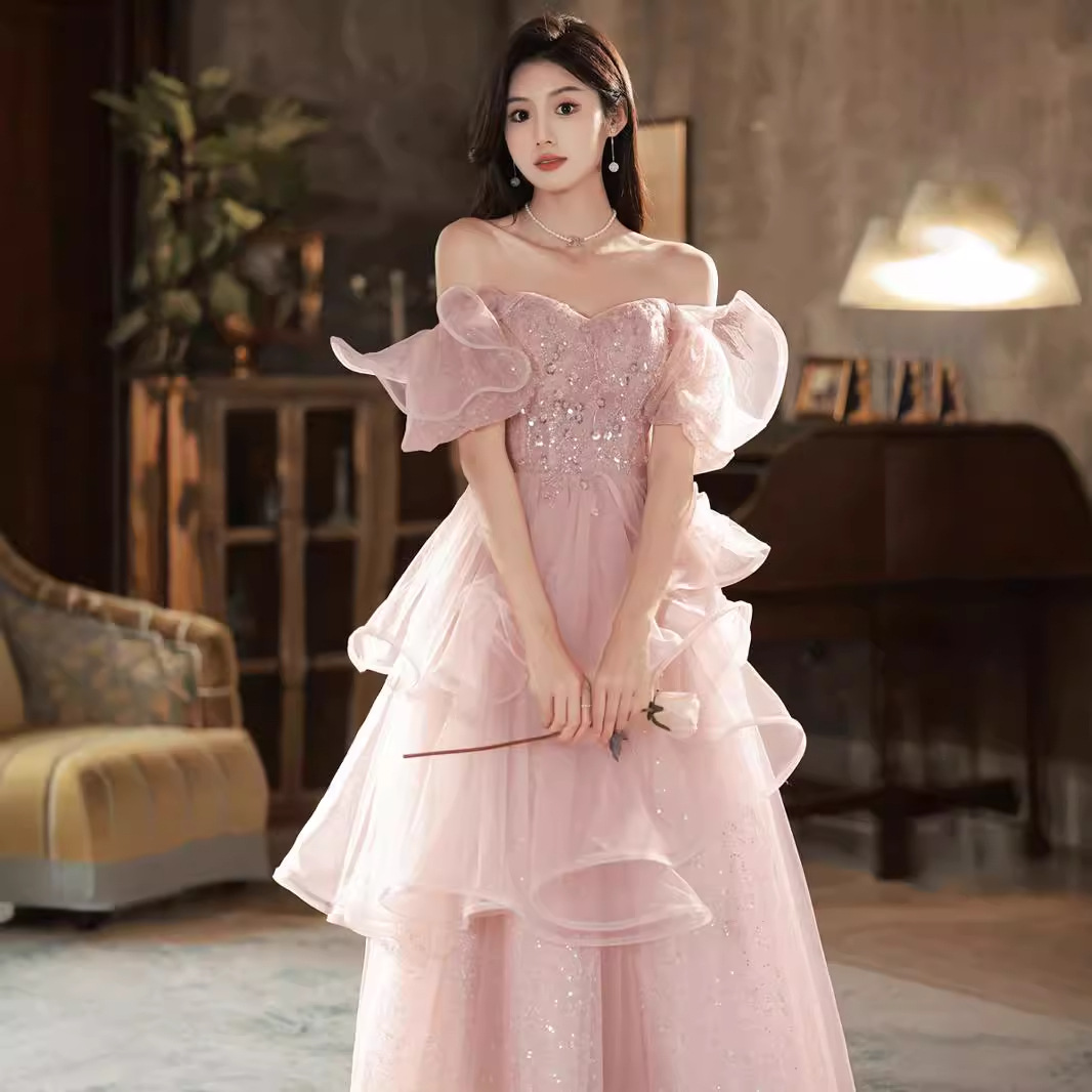 Vestido de noche estilo francés para mujer, nuevo modelo 2026, elegante estilo socialité, para presentaciones, exámenes de arte, súper elegante, color rosa hada, para banquetes de compromiso