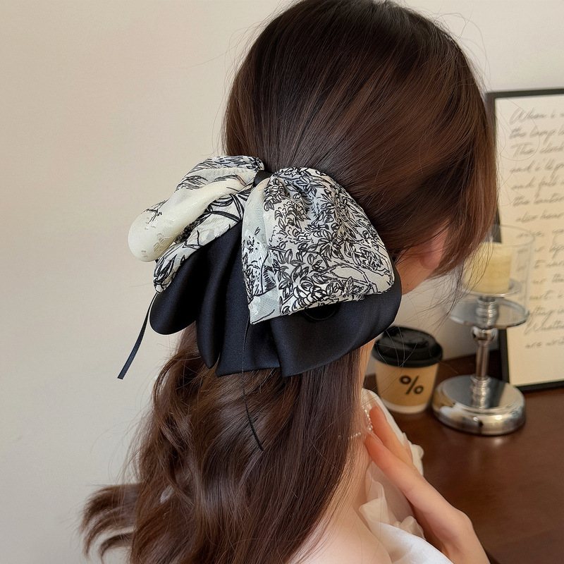 フレンチレトロプリントリボンポニーテールクリップ、エレガントなハーフタイヘアクリップ、絶妙なポニーテールシャークヘアクリップヘッドバンド|undefined