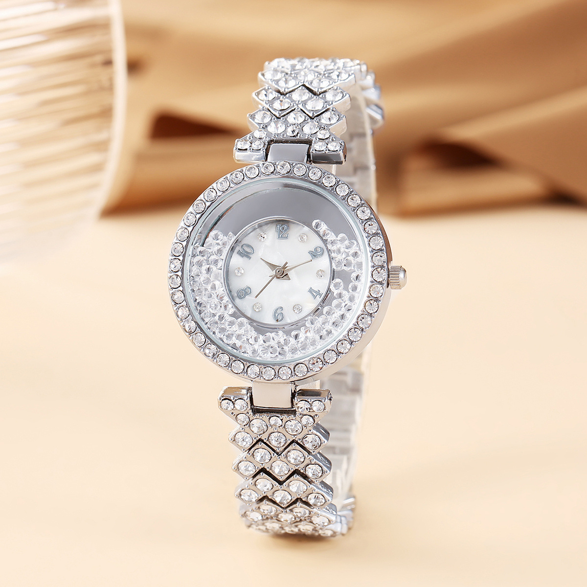 Fashion quicksand ball rhinestone Women's Watch Diamond Steel Belt bracelet digital dial light luxury watch_voghion.com