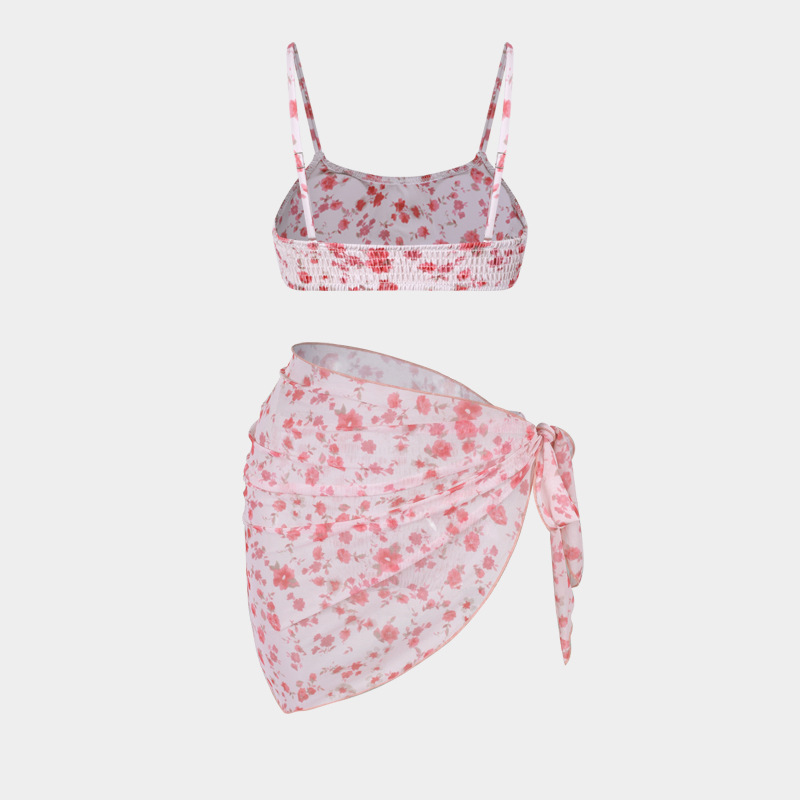 Women's Split Bikini Three-piece Swimsuit Floral Beach Wrap Set_voghion.com