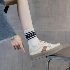 拼色德訓鞋女真皮厚底小白鞋2024年春季新款淺口系帶休閒運動板鞋