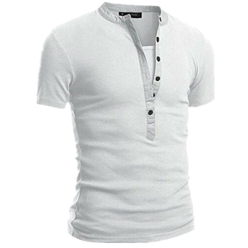 T-shirt d'été à manches courtes et col montant pour homme, couleur unie, coupe slim, boutonné, en forme de V_voghion.com