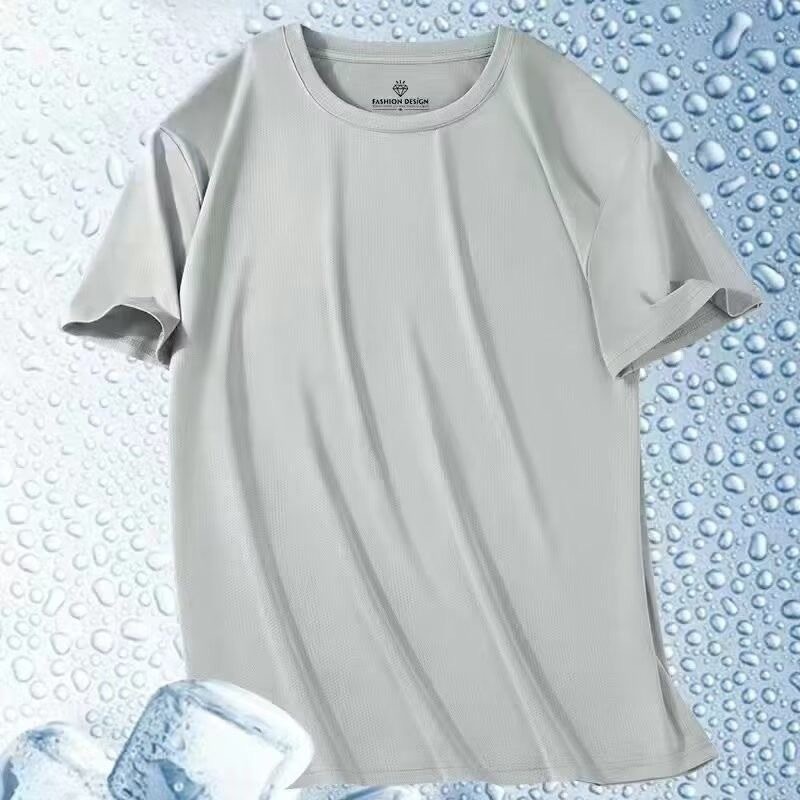 速乾性アイスシルクメッシュ半袖Tシャツメンズ夏の新しい通気性ランニングスポーツメンズ半袖紳士服T|undefined