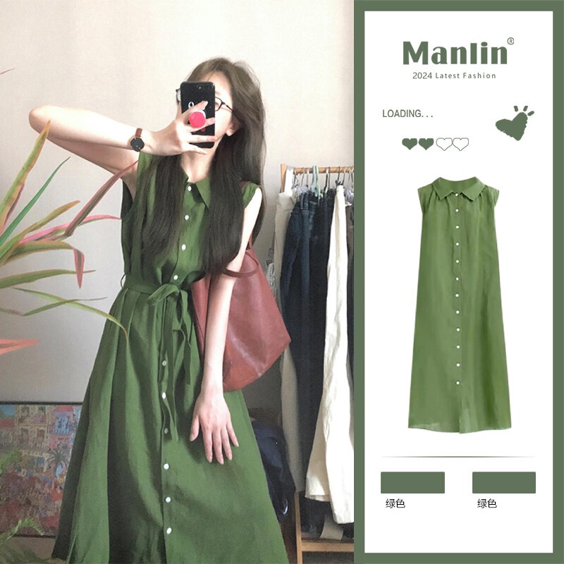 Retro Artistic Style Green Shirt Sleeveless Dress for Women, Simple Casual Summer Relaxed Vibe Long Dress for Women