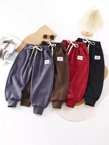 2024 Spring and Autumn Children's Pants for Men and Girls Pure Color Korean Corduroy Wide Strip Foot Pants for Children's Wear Sports Style