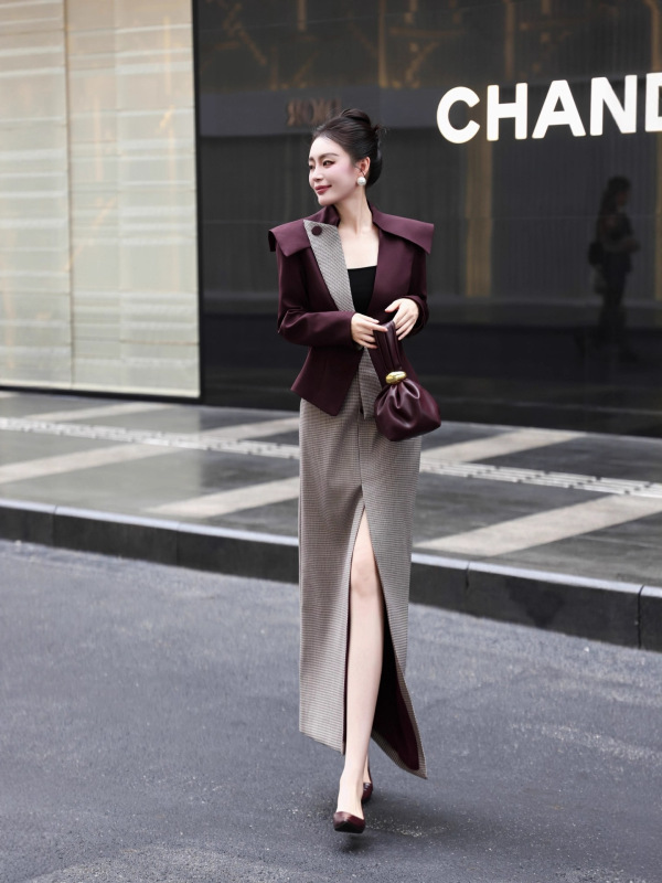 秋季新款高级感撞色西装套装女设计感小众开叉半身裙时尚两件套|undefined