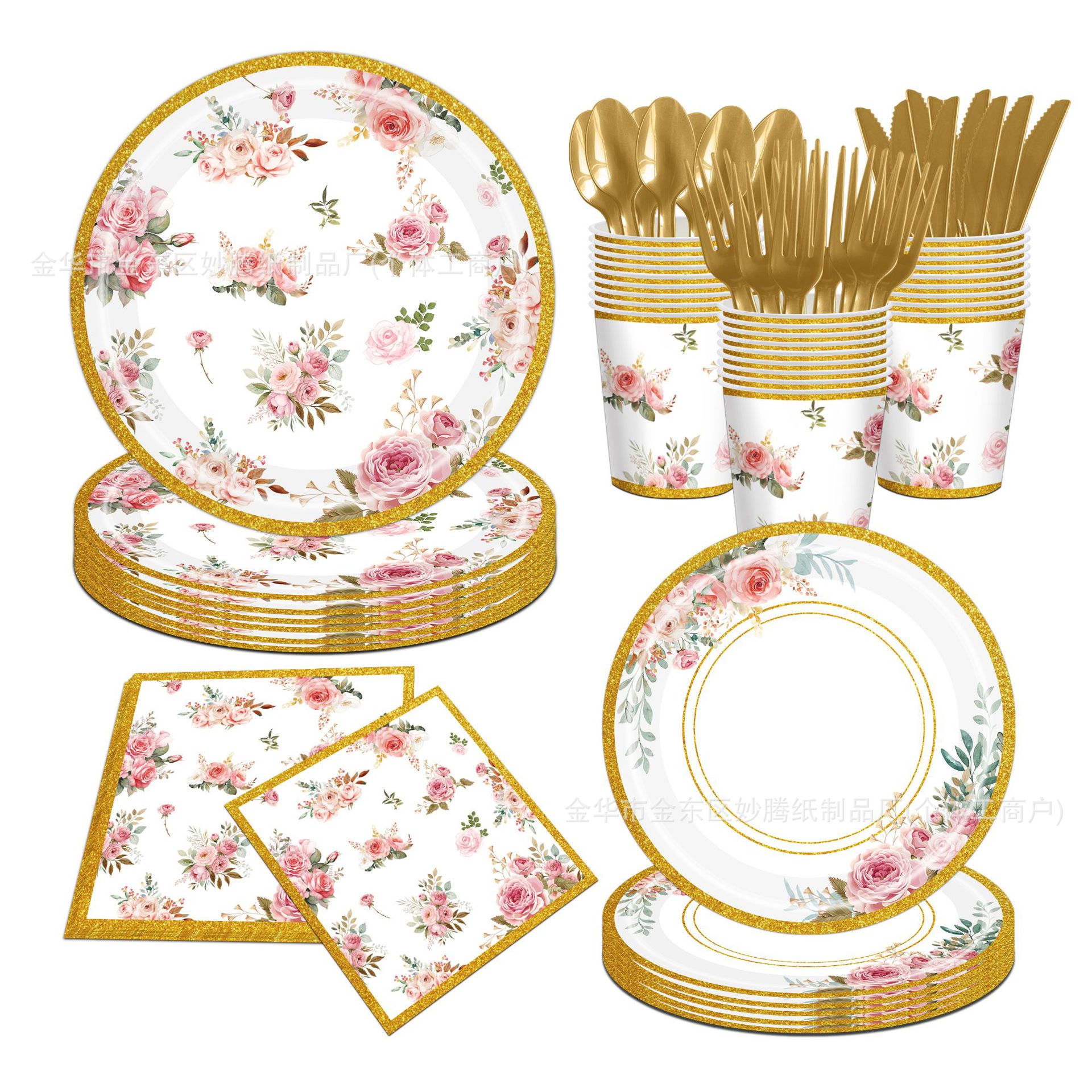 Nuevas series de flores transfronterizas conjuntos de cubiertos desechables familia amigos fiesta bandeja de papel desechable