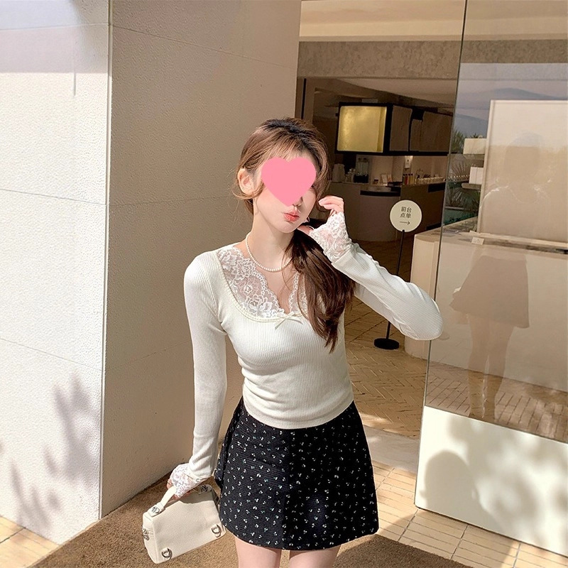 # Real Shot of Cream Lace Collar Long-Sleeved Shirt Bottoming Shirt Slim Fit Inner Top