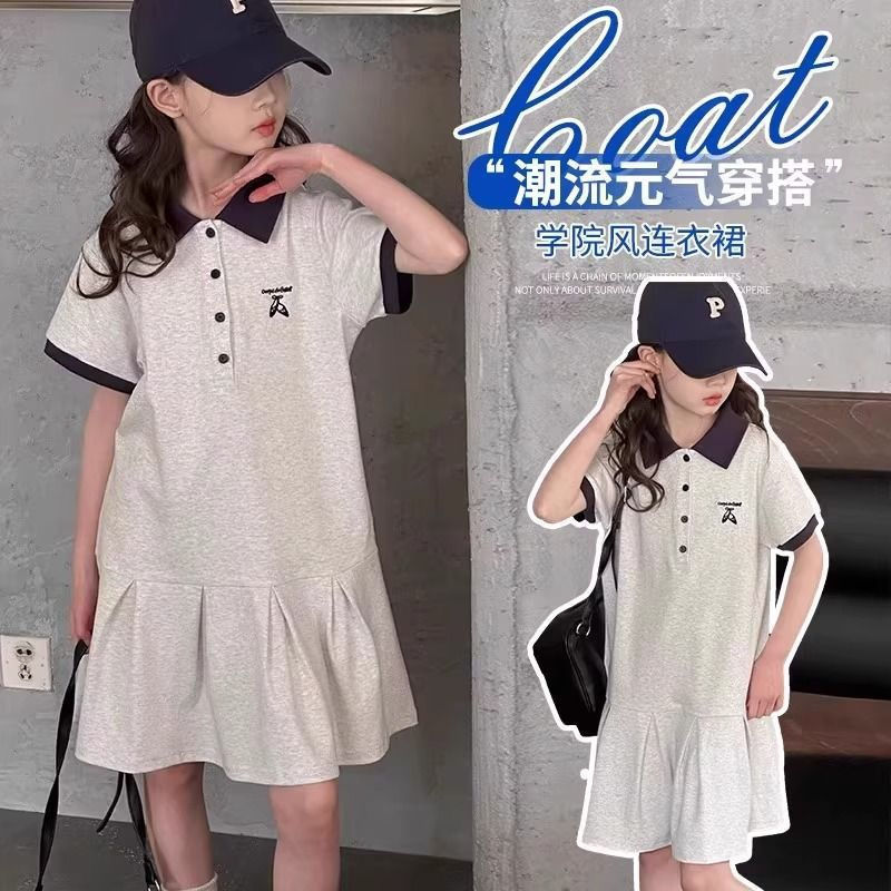 Girls Dress Summer Thin Children's College Style Short Sleeve Polo Skirt 2025 New Medium and Large Children's Pleated Skirt