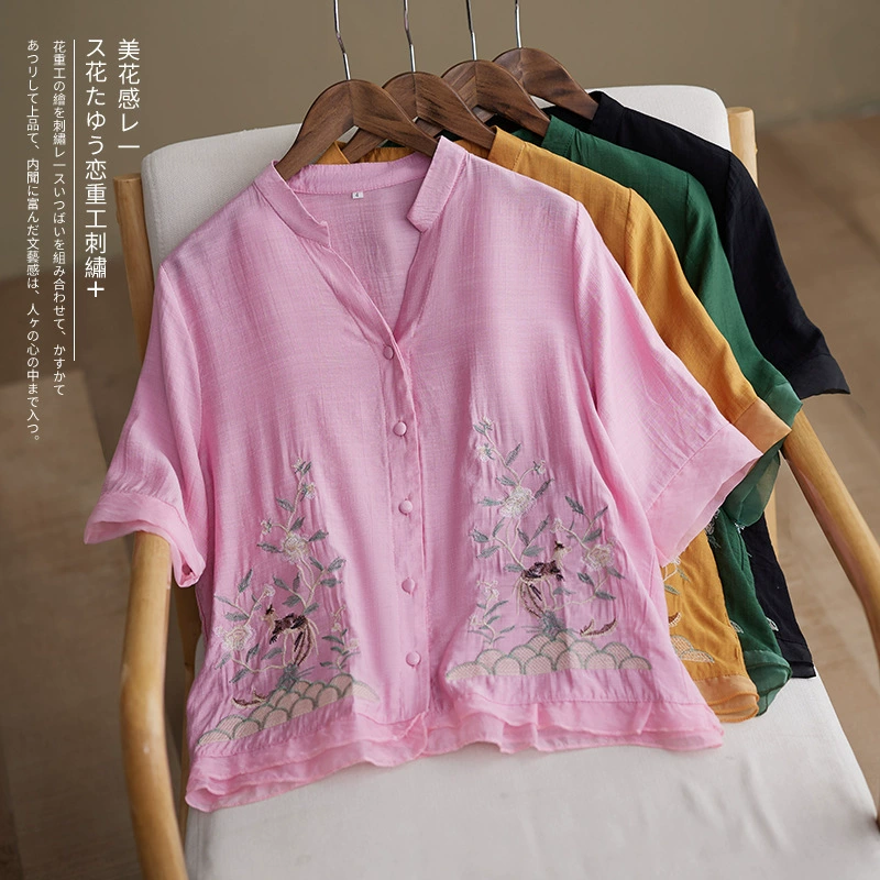 Ретро вышитая рубашка женская из хлопка и льна, женская одежда 2025, летняя новинка, тонкий кружевной воротник, топы, новый китайский стиль, женская одежда