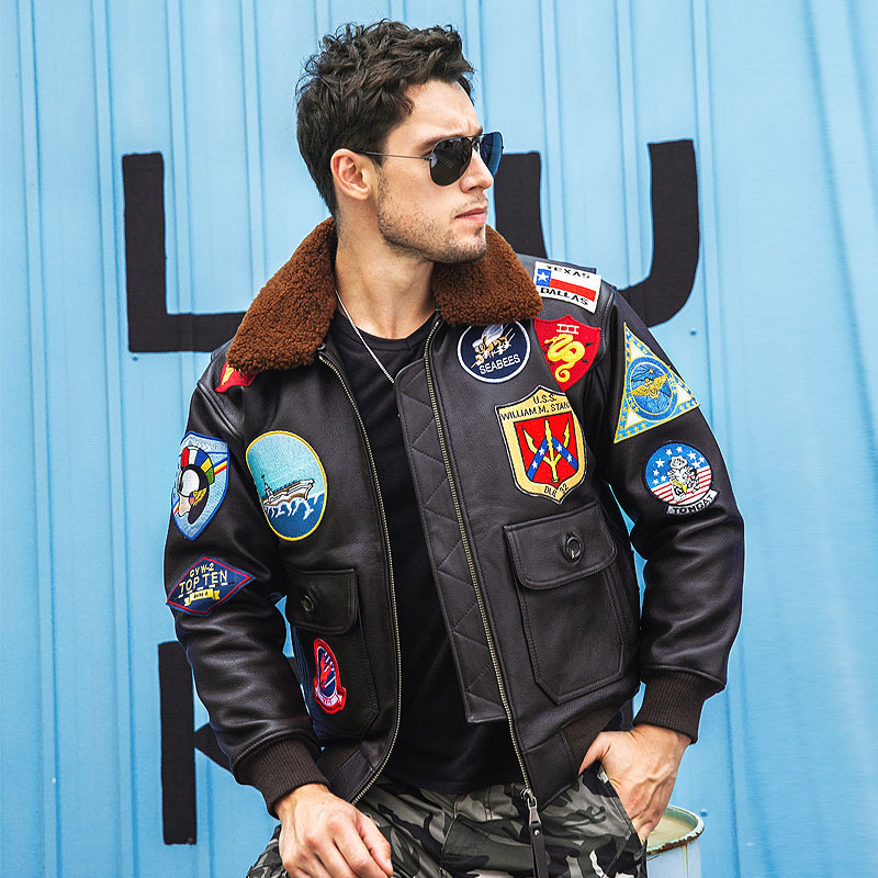 Zhuangzhi Lingyun First Layer Pure Cowhide Leather Jacket Men's Genuine Fur Collar Embroidered Air Force G1 Bomber Leather Jacket Large Size