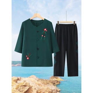 奶奶短袖夏装衬衫中老年人女装妈妈夏季套装老人衣服老太太两件套