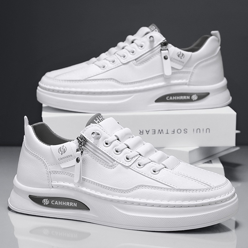 Zapatos de skate para hombres zapatos blancos bajos estudiantes 2025 nuevos zapatos de cuero casuales de primavera para hombres zapatos de moda con cremallera para adolescentes