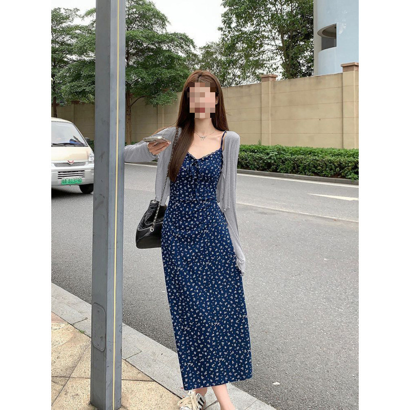 2025年新作初春着用ドレス一式、女性の夏の気質、優しい韓国風スリム花柄サスペンダーロングスカート|undefined